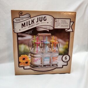 Milk‎ Jug Caddy Set-Galvanized Carrying Caddy-6 Bottle Glass W/Lids & Straws-NEW